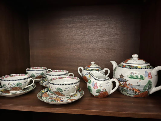 Conjunto de Chá Oriental Vintage com Motivos Asiáticos Pintados à Mão